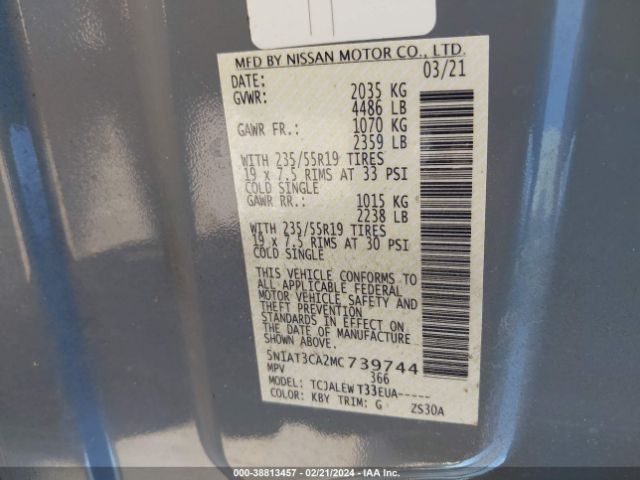 5N1AT3CA2MC739744 Nissan Rogue Sl Fwd