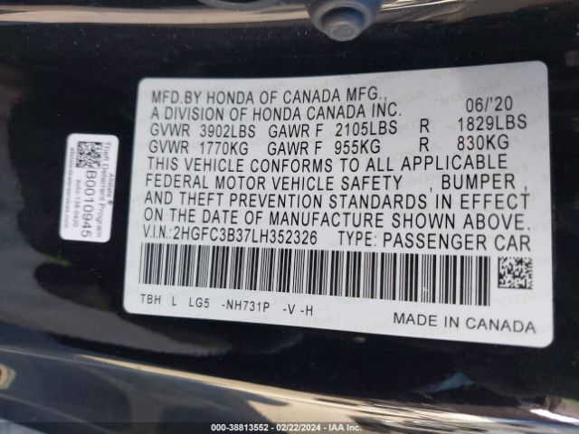 2HGFC3B37LH352326 Honda CIVIC EX