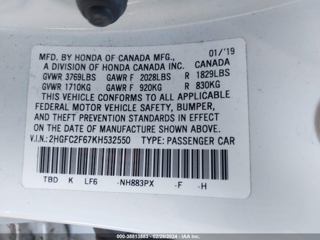 Honda Civic Lx 2019 2HGFC2F67KH532550 Image 9