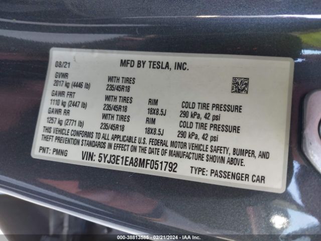 5YJ3E1EA8MF051792 Tesla Model 3 Standard Range Plus Rear-wheel Drive
