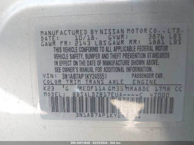 Nissan SENTRA SV 2019 3N1AB7AP1KY245551 Image 9