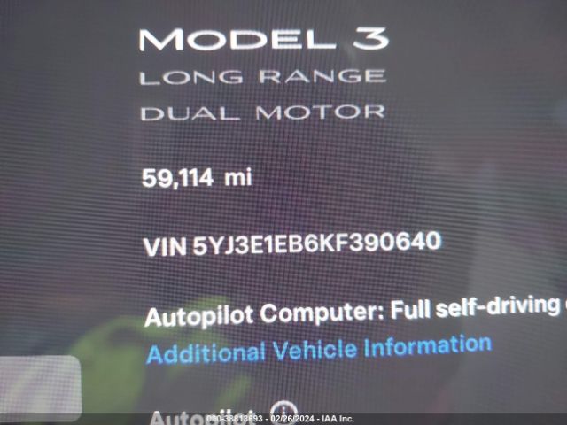 5YJ3E1EB6KF390640 Tesla Model 3 Long Range/performance