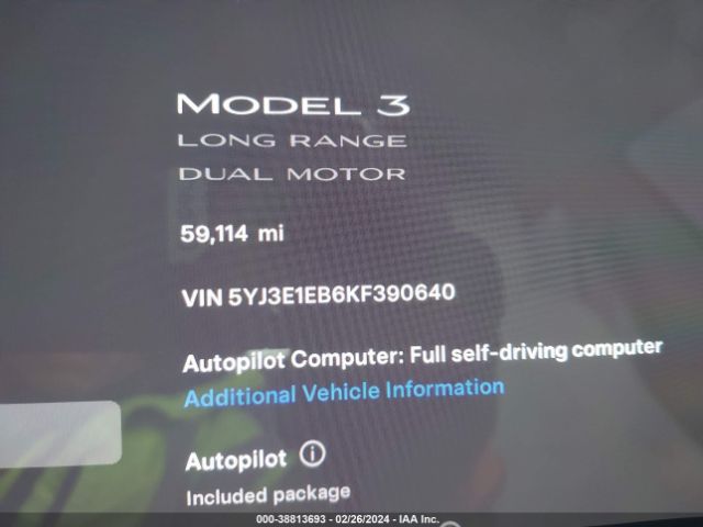 5YJ3E1EB6KF390640 Tesla Model 3 Long Range/performance