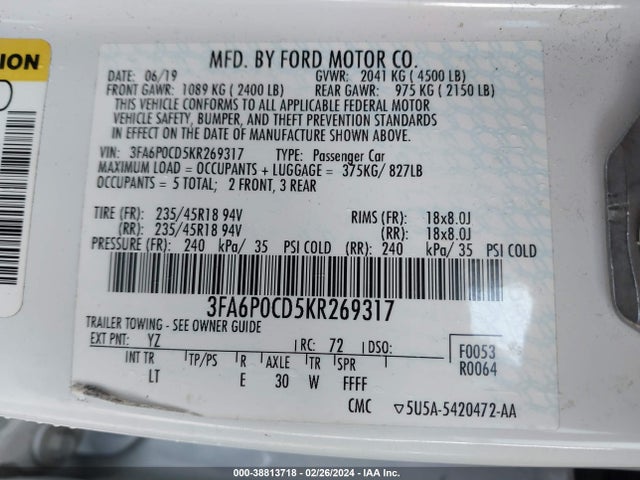 Ford FUSION SEL 2019 3FA6P0CD5KR269317 Image 9