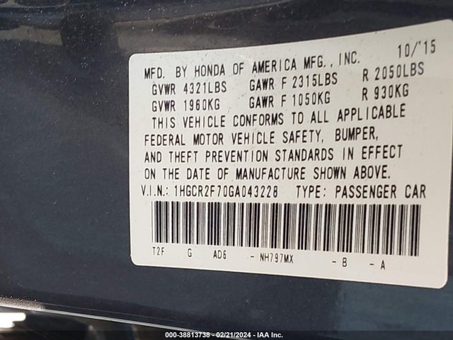 Honda ACCORD EX 2016 1HGCR2F70GA043228 Image 9