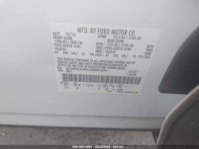 Ford EDGE SEL 2016 2FMPK4J9XGBB91251 Image 9