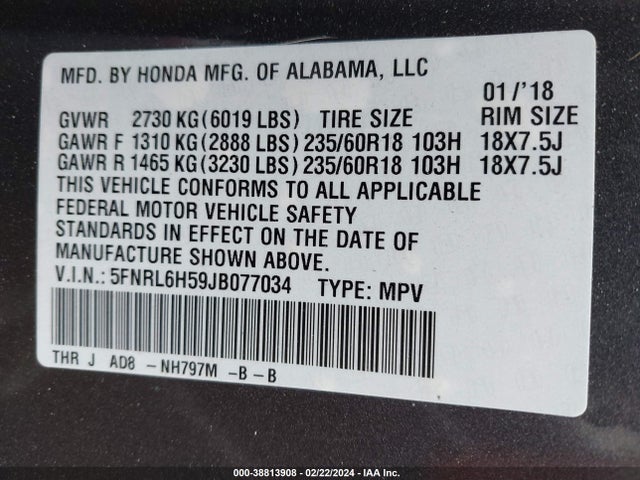 Honda ODYSSEY EX 2018 5FNRL6H59JB077034 Image 9