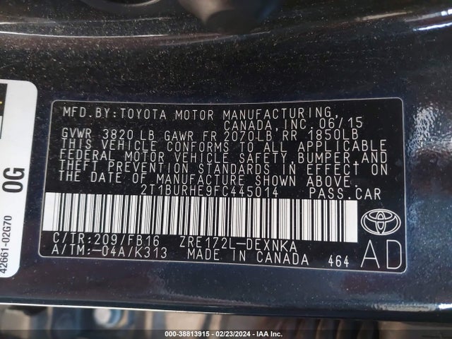 Toyota Corolla Le Plus 2015 2T1BURHE9FC445014 Image 9