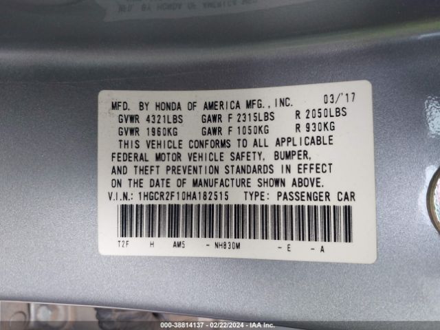 1HGCR2F10HA182515 Honda Accord Sport Se