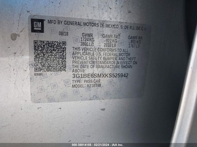 Chevrolet CRUZE LT 2019 3G1BE6SMXKS525942 Image 9