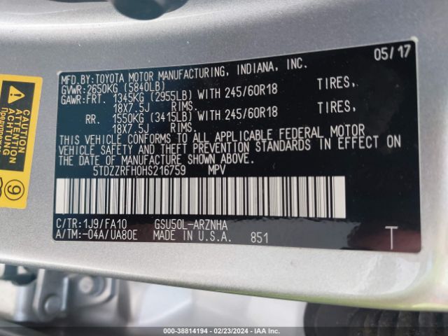 2017 TOYOTA HIGHLANDER 5TDZZRFH0HS216759 Photo 8