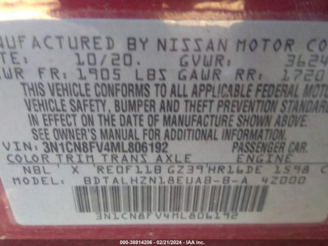 3N1CN8FV4ML806192 Nissan Versa Sr Xtronic Cvt
