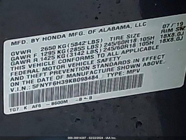 5FNYF6H39KB098484 Honda Pilot Ex
