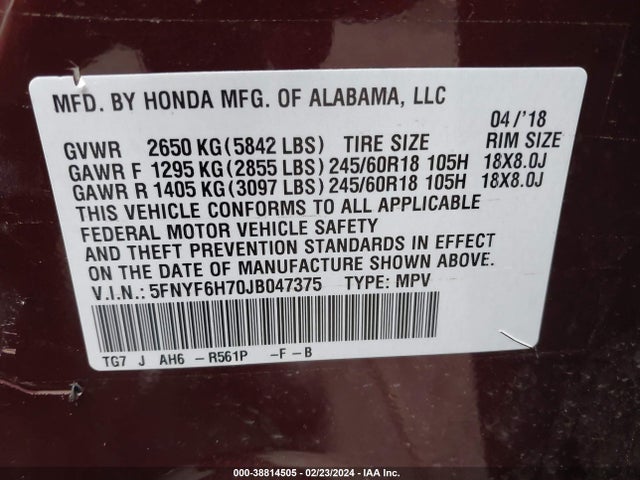 Honda Pilot Ex-l 2018 5FNYF6H70JB047375 Image 9