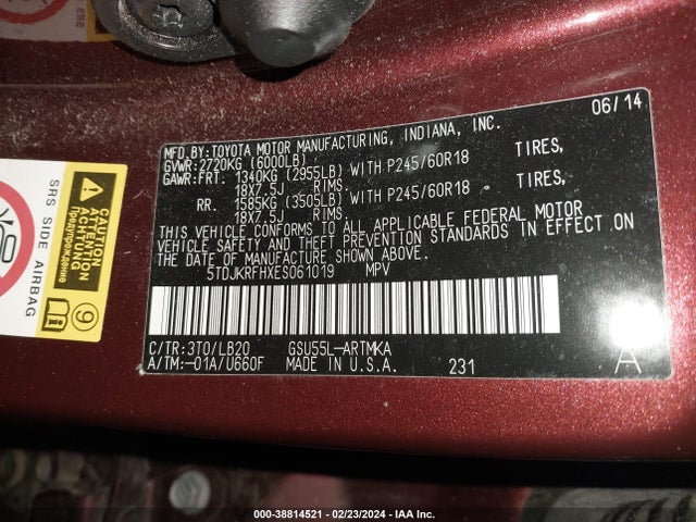 Toyota Highlander Xle V6 2014 5TDJKRFHXES061019 Image 9