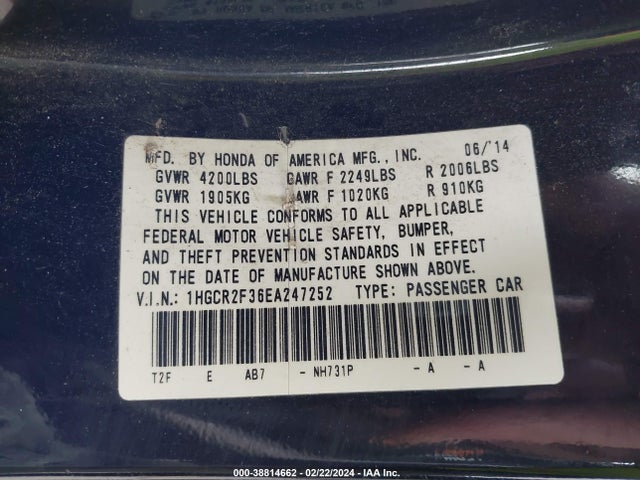 Honda ACCORD LX 2014 1HGCR2F36EA247252 Image 9