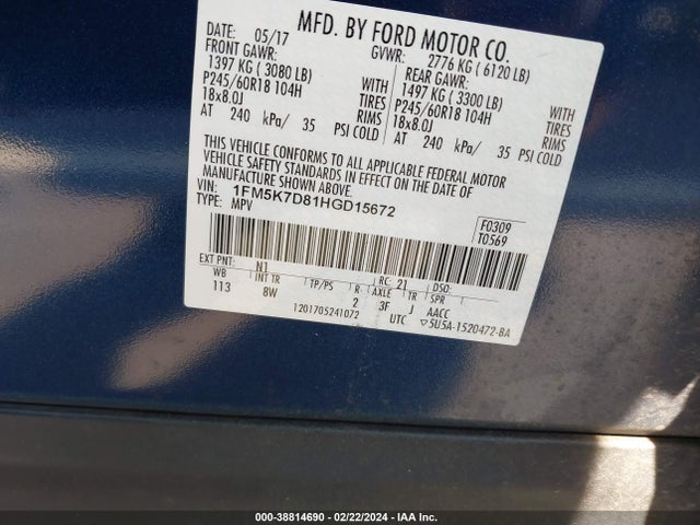 Ford EXPLORER XLT 2017 1FM5K7D81HGD15672 Image 9