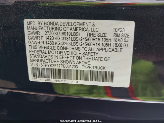 5FPYK3F17PB061203 Honda Ridgeline Sport