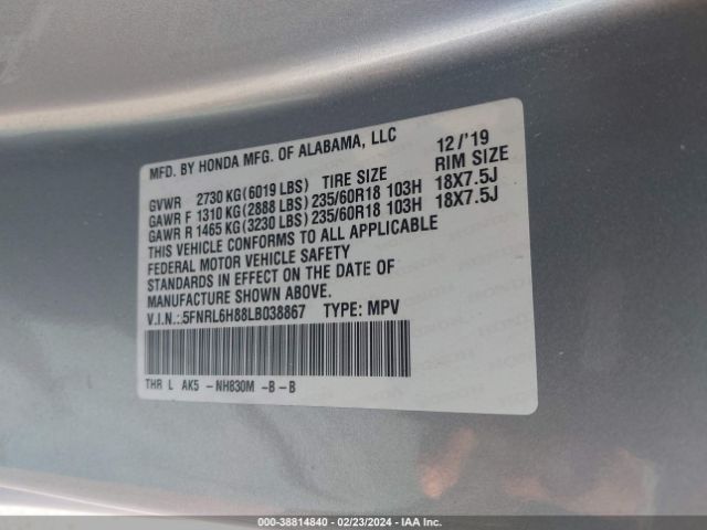 5FNRL6H88LB038867 Honda Odyssey Touring
