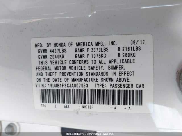 Acura TLX 2018 19UUB1F3XJA007053 Image 9