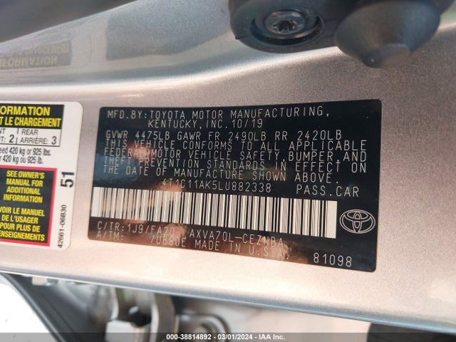 Toyota CAMRY LE 2020 4T1C11AK5LU882338 Image 9