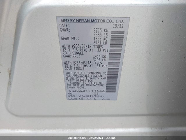 Nissan Pathfinder S 2015 5N1AR2MN4FC713644 Image 9