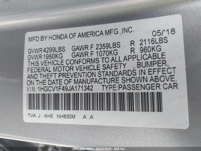 Honda ACCORD EX 2018 1HGCV1F49JA171342 Image 9