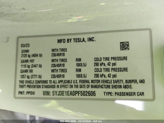 5YJ3E1EA0PF502606 Tesla Model 3 Rear-wheel Drive