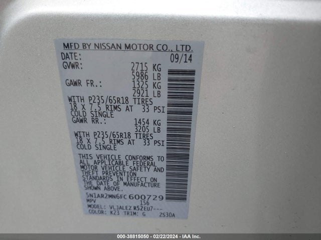 Продажа на аукционе авто 2015 Nissan Pathfinder Platinum/s/sl/sv, vin: 5N1AR2MN6FC600729, номер лота: 38815050