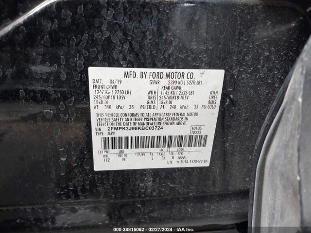 Ford EDGE SEL 2019 2FMPK3J98KBC03724 Image 9