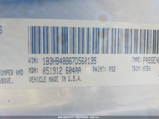 2007 DODGE CALIBER SXT VIN: 1B3HB48B67D560135
