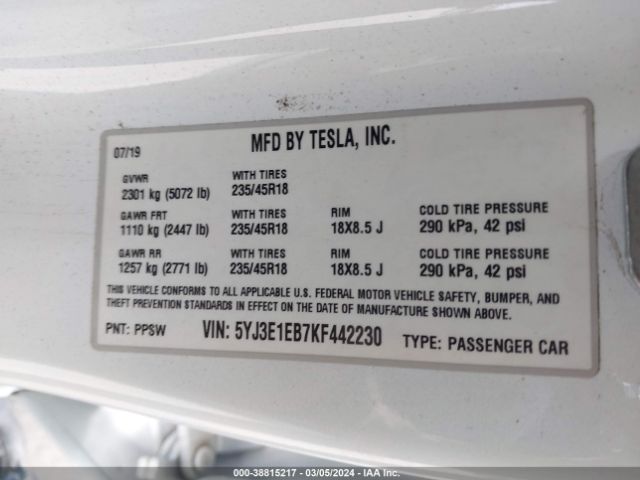 5YJ3E1EB7KF442230 Tesla Model 3 Long Range/performance