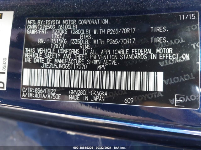 Toyota 4RUNNER SR5 2016 JTEZU5JR0G5117270 Image 9