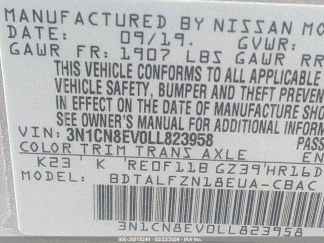 3N1CN8EV0LL823958 Nissan Versa Sv Xtronic Cvt