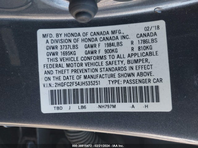 Honda Civic Lx 2018 2HGFC2F54JH535251 Image 9