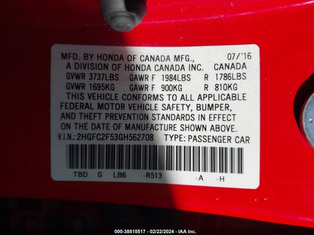 Honda Civic Lx 2016 2HGFC2F53GH562708 Image 9