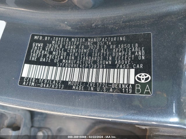 Toyota Corolla Le Premium 2014 5YFBURHE4EP138381 Image 9