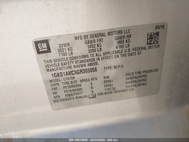 1GKS1AKC3GR383056 GMC YUKON SLE