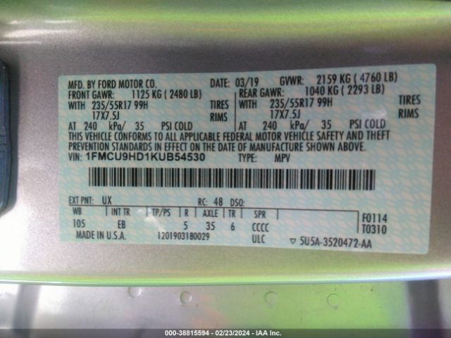 1FMCU9HD1KUB54530 Ford ESCAPE SEL