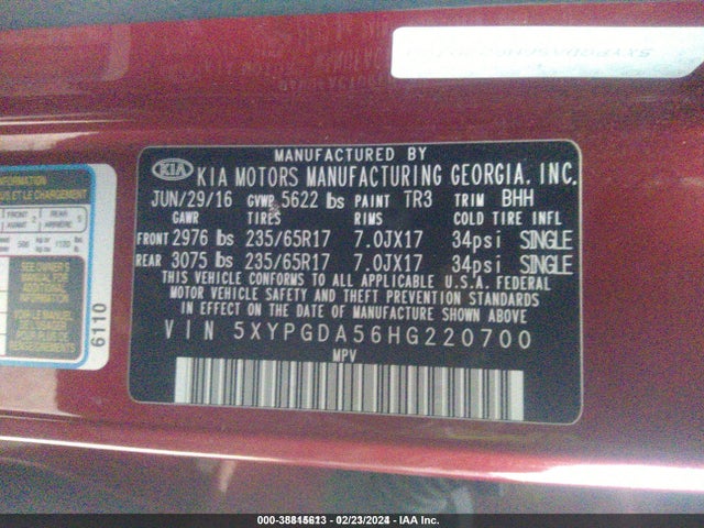 5XYPGDA56HG220700 KIA Sorento 3.3l Lx
