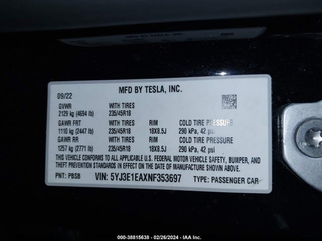 Tesla Model 3 Rear-wheel Drive 2022 5YJ3E1EAXNF353697 Image 9