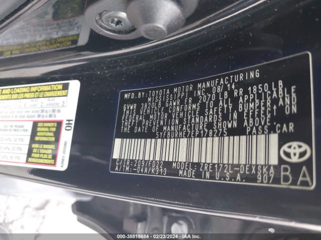 5YFBURHE7EP178275 Toyota Corolla S Plus