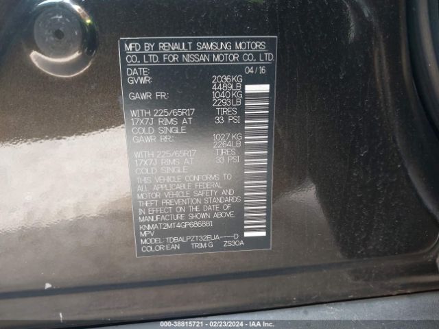 KNMAT2MT4GP686881 Nissan Rogue S/sl/sv