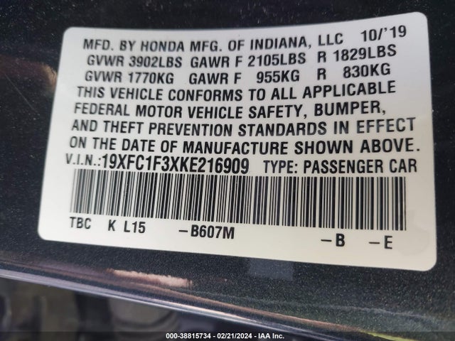 Honda CIVIC EX 2019 19XFC1F3XKE216909 Image 9