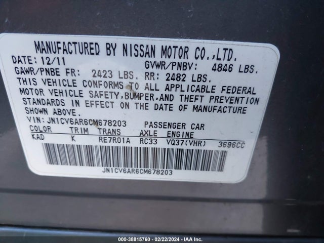 Aukcja sprzedaży 2012 Infiniti G37x, vin: JN1CV6AR6CM678203, numer aukcji: 38815760