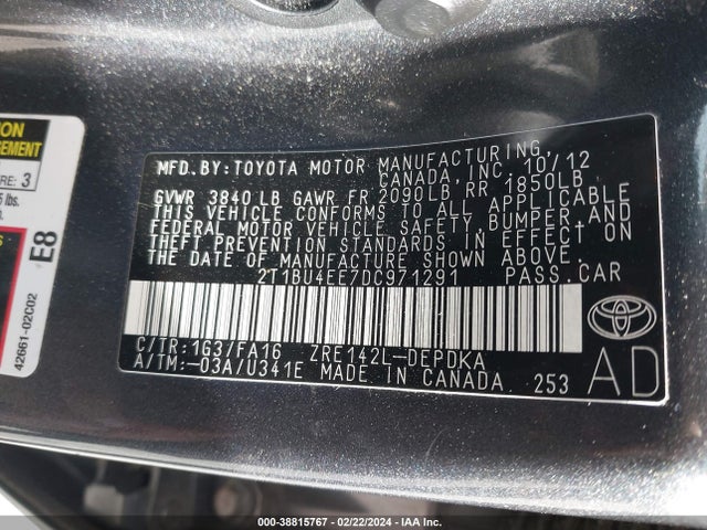 Aukcja sprzedaży 2013 Toyota Corolla L, vin: 2T1BU4EE7DC971291, numer aukcji: 38815767