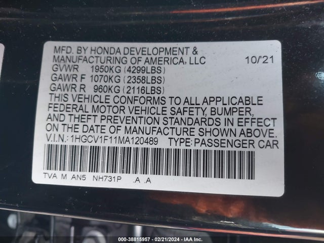 Honda ACCORD LX 2021 1HGCV1F11MA120489 Image 9