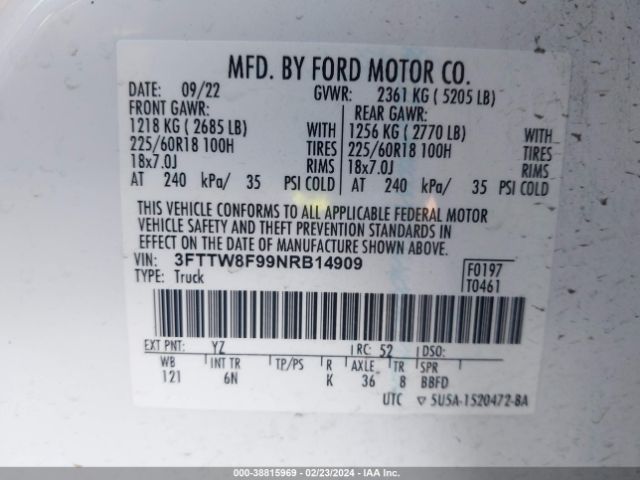 3FTTW8F99NRB14909 Ford Maverick Lariat