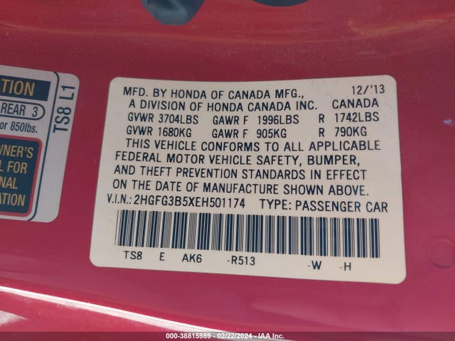 Honda Civic Lx 2014 2HGFG3B5XEH501174 Image 9