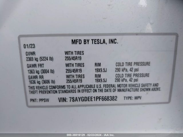 7SAYGDEE1PF668382 Tesla Model Y Awd/long Range Dual Motor All-wheel Drive